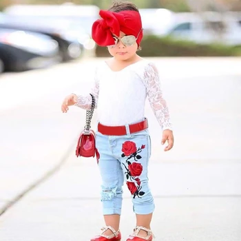

2019 New Arrival Girls Fashion Lace Suit Rose Jeans 2 Piece Set Headband INS European Style Children's Clothing Suit 1-6 Yeas