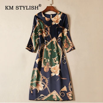 

New Women High Quality Dress Print Slim Waist Dress O-neck Standard Elegant Contrast Color OL Autumn A-Line Plus Size Dress