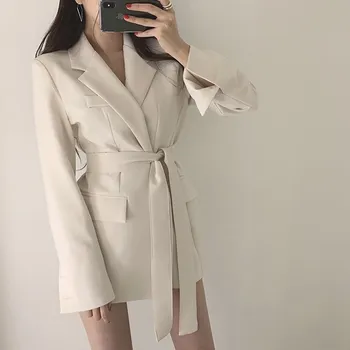 

Women Blazers Runway Formal Jackets Office Lady long Suits Belt Casual Female 2019 Cotton Coat Plus Size Blazers For Women S0266