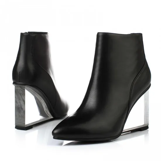 

Womens Pointed Toe Ankle Boots Genuine Leather Side Zip Clear Transparent Wedge High Crystal Heel Shoes Luxury Plus Size 3Colors