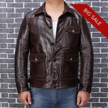 

2020 Dark Brown American Casual Style Leather Jacket Plus Size XXXL Single Breasted Genuine Cowhide Slim Fit Short Leather Coat