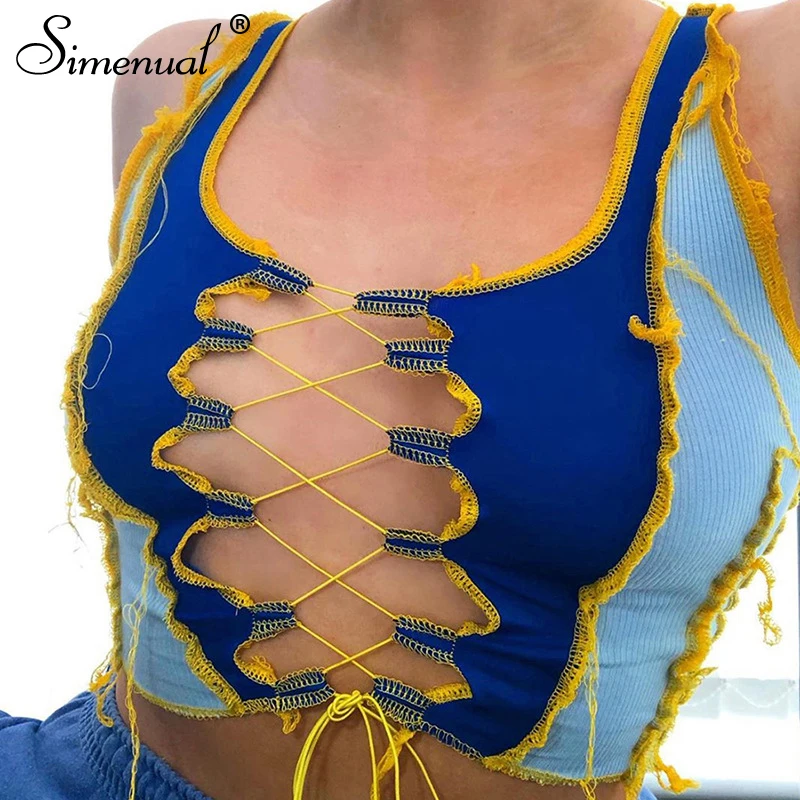 

Simenual Lace Up Hot Sexy Ribbed Patchwork Tank Tops Women Sleeveless Hollow Out Club Crop Top Fashion Color Match Summer Tanks