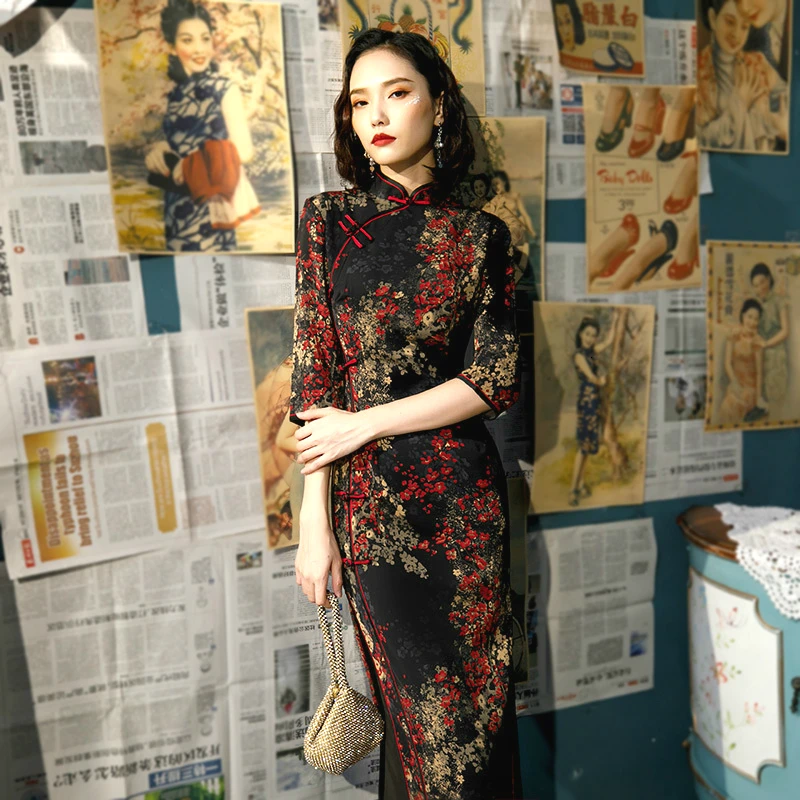 

Sheng Coco Plus Size M-5XL Imitation Silk Yarn Long Cheongsam Chinese Dress Black Printed Qipao Evening Dresses