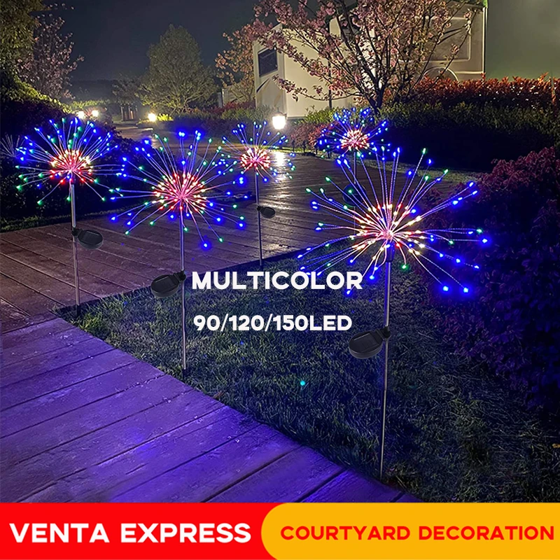 Luces solares de fuegos artificiales para exteriores, resistentes al agua, cadena brillante, 90 /120/150 LED, para césped y jardín, luces navideñas para vacaciones|Colgantes y en forma de gota| -