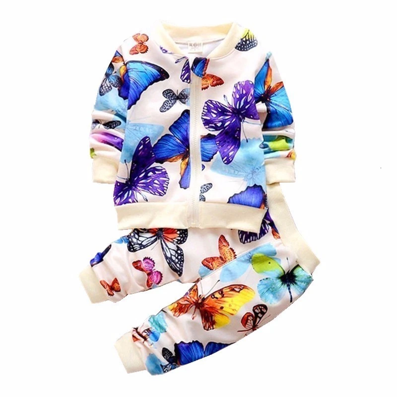 

2020 New Spring Autumn Baby Girl Colorful Butterfly Clothing Suits Kid Cartoon Jacket Pants 2Pcs/Set Children Leisure Sportswear