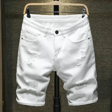 Dropshipping New Summer White black Men Denim Shorts Slim Large size Casual Knee Length Short Hole Jeans Shorts For Men Bermuda