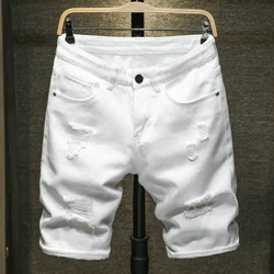 Short en jean pour hommes, Slim, grande taille, décontracté, longueur aux genoux, trous, nouvelle collection été, blanc, noir, livraison directe 