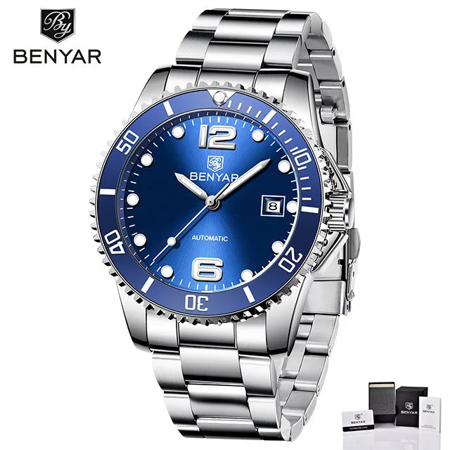 BENYAR Топ бренд Мужские механические часы автоматические Модные Роскошные мужские часы из нержавеющей стали - Цвет: steel blue