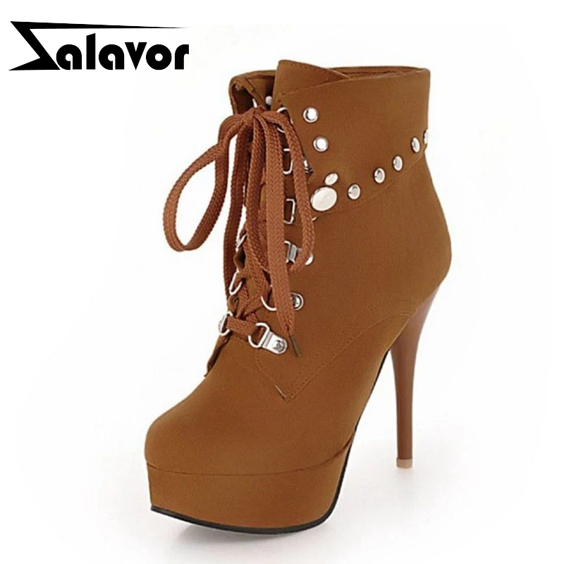 

ZALAVOR Plus Size 32-48 Ankle Boots For Women Winter Lace Up Thin Heels Platform Shoes Women Rivets Office Fur Short Boots