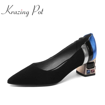

Krazing pot kid suede pointed toe metal med heels diamond mixed colors noble gorgeous handmade shallow daily fashion pumps L63