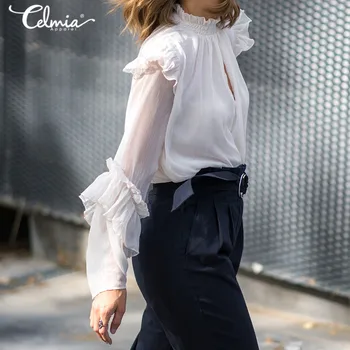 

Celmia Chiffon Sexy 2020 Summer See-through Mesh Sheer Top Plus Size Women Blouse Ruffles Shirt Hollow Long Sleeve Blusas 5XL 7