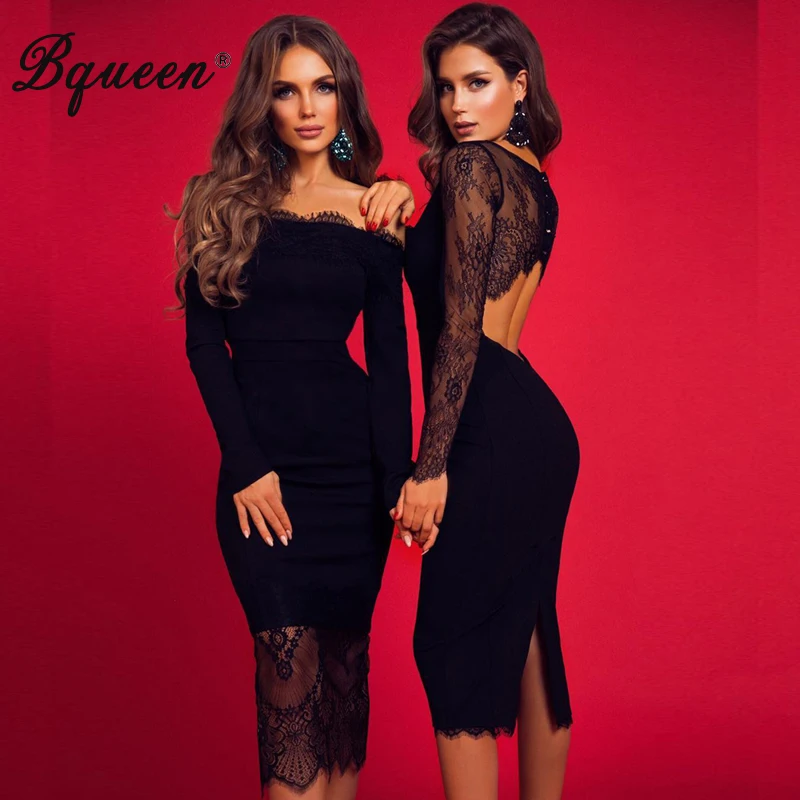 Bqueen Для женщин модное ажурное кружевное платье с открытой спиной и круглым вырезом повязки вечерние модельные пикантные вечерние платье леди модное Клубное платье облегающее платье с длинным рукавом