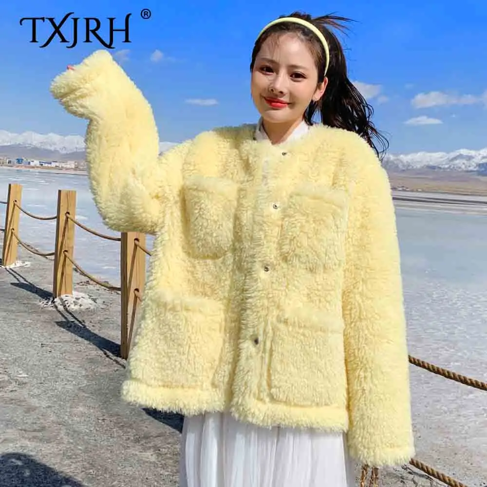 TXJRH, корейские, милые, мохнатые, искусственный мех ягненка, много карманов, куртка, пальто, модная, женская, сохраняющая тепло, верхняя одежда с длинным рукавом, топ, 3 цвета
