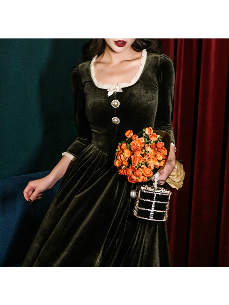 Le Palais Vintage Original Fall Winter Vintage Elegant Olive Green Lace Court Velvet Knee-Length Party Women Dress