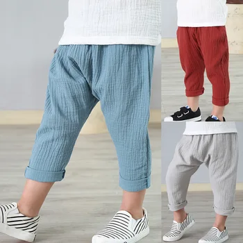 

2020 Summer Solid Color Linen Pleated Children Knee-length Pants Baby Boys Girls Pants Harem Pants Kids Child Breathable