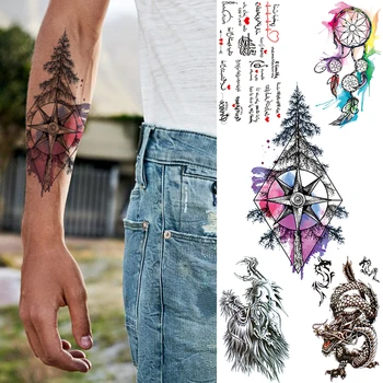 

Pine Tree Temporary Tattoos For Kids Women Watercolor Dreamcatcher Tattoo Sticker Sleeve Heart Dragon Faucet Fake Tatoos Compass