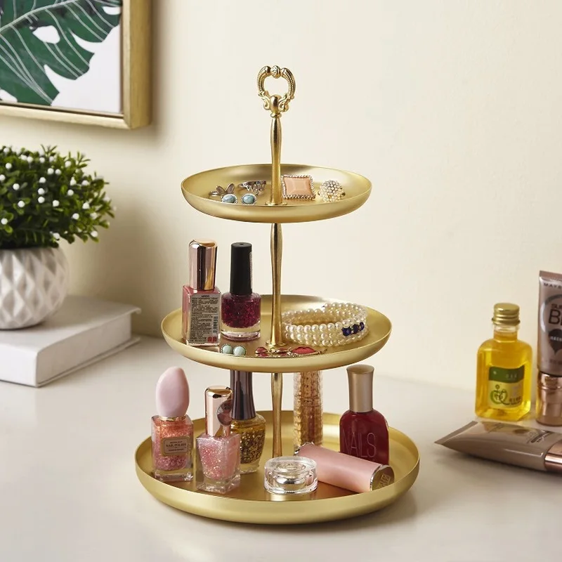 

Multi-layer Retro Golden Plated Metal Storage Trays Jewelry Comestic Snack Dessert Macaron Cake Wedding Party Decor Storage Tray