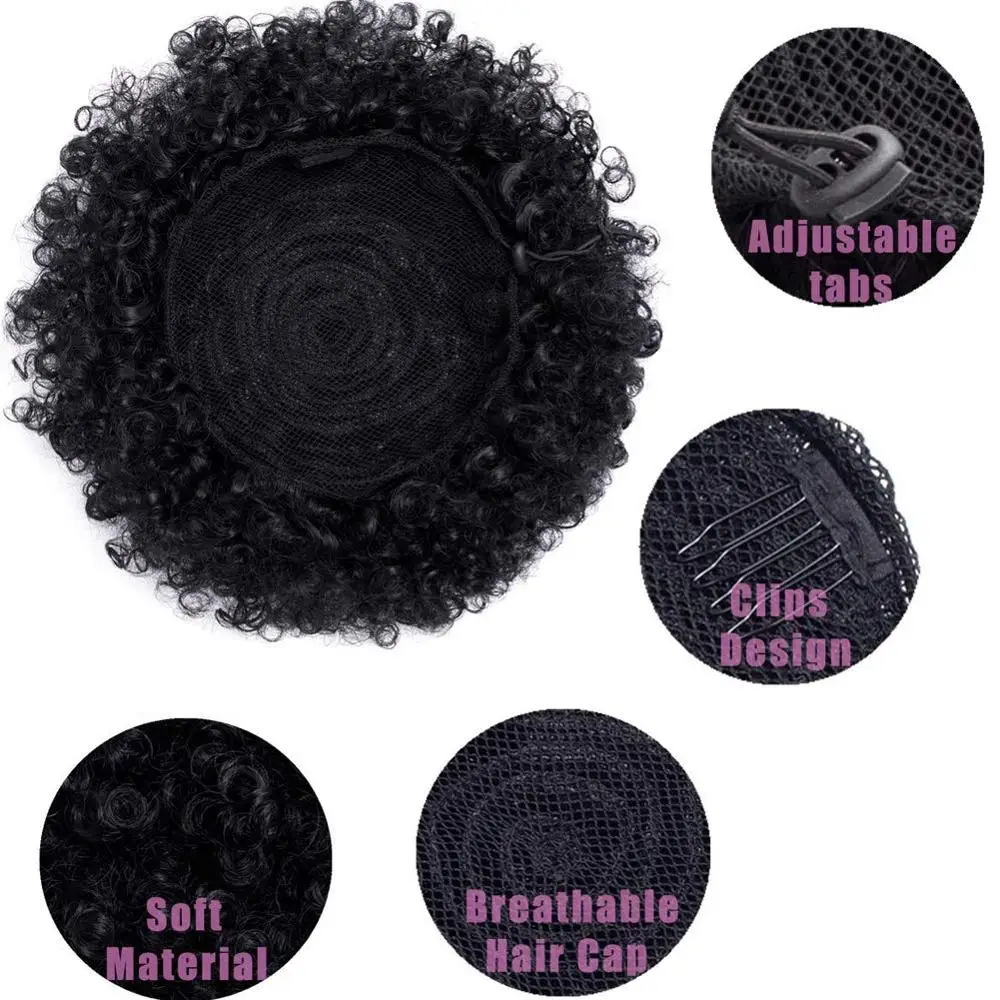 2PCS Short Afro Hair Bun Puff Synthetic Kinky Curly Chignon Hairpiece For Women Drawstring Ponytail Updo Hair Extensions