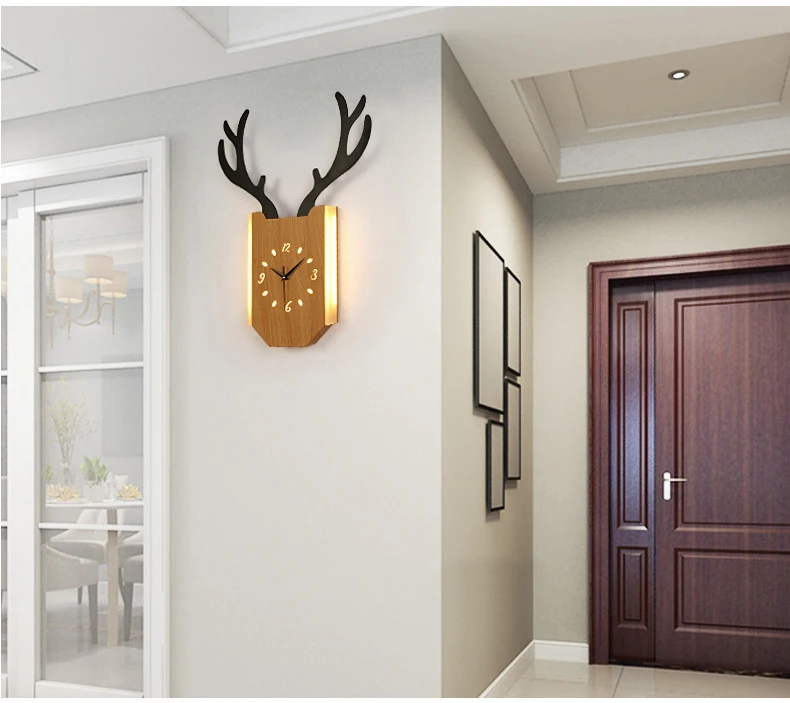 Nordic Led Wall Light Antlers Clock Sconce Lamp Modern Creative Deer Wood Lamps Living Room Bedroom Bedside Hanging Clock Decor