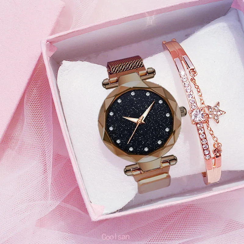 Роскошные Кварцевые женские часы модный браслет и часы комплект женские наручные часы Звездное небо римские цифры подарок часы relogio feminin