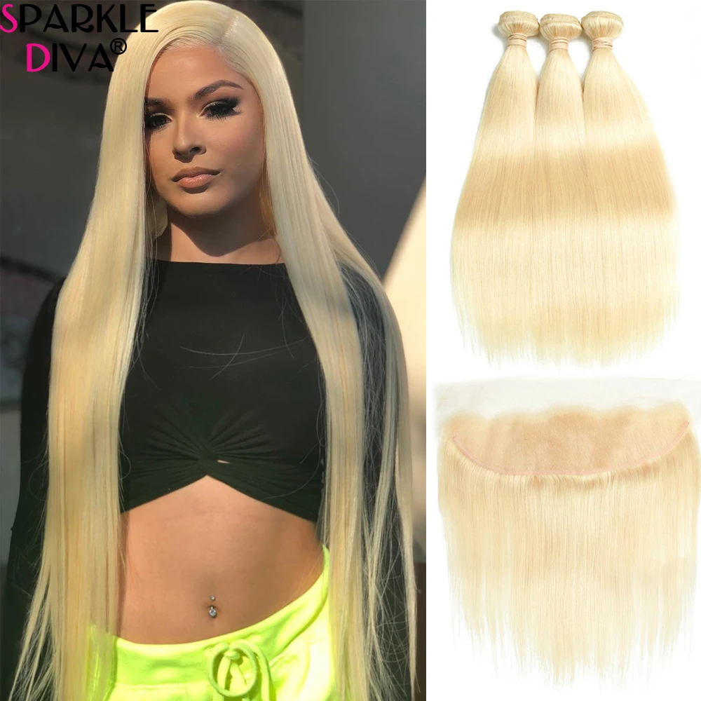 613 Bundles With Frontal Brazilian Straight Hair 3/4 Closure 40 Inches Remy Blonde Human | Шиньоны и парики