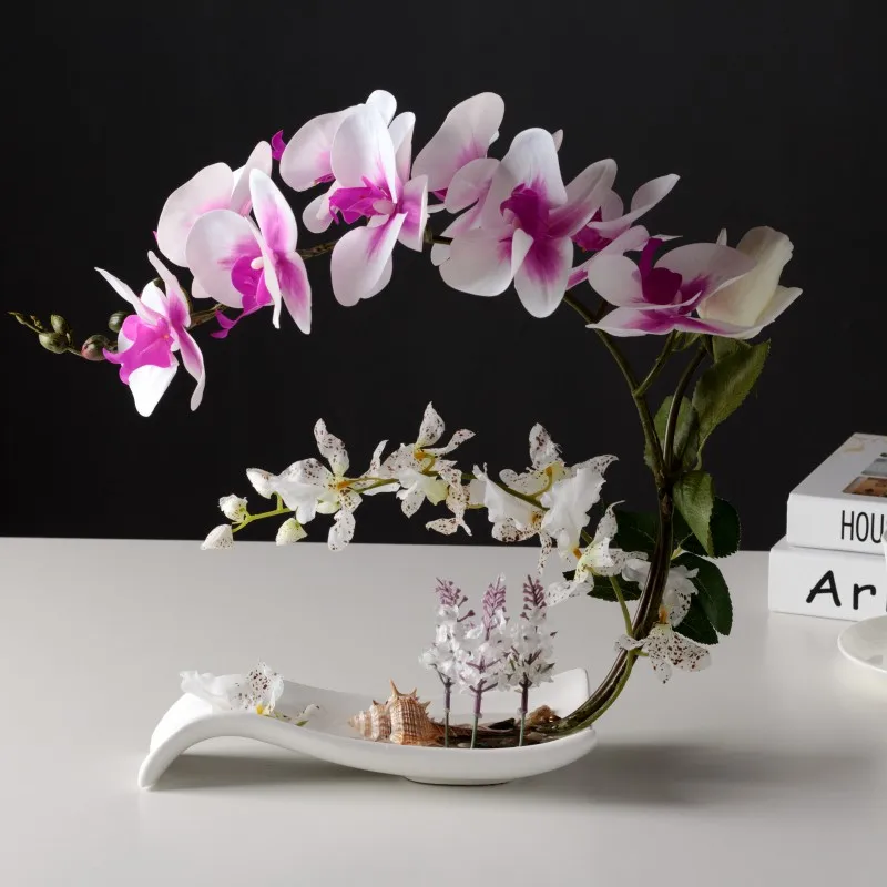 Butterfly Orchid Artificial Flowers Set Fake Flower Ceramic Vase Ornament Phalaenopsis Figurine Home Furnishing Decoration Craft