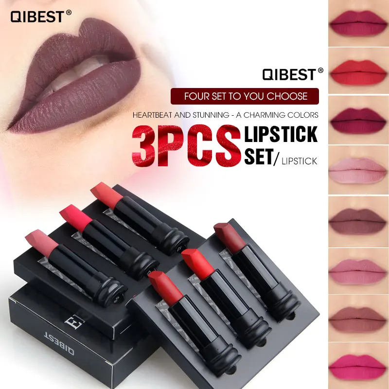 

QIBEST 3Colors/Set Matte Shimmer Lipstick Highlighter Lip gloss Silky Lip Stick Sexy Lip Tint Waterproof Cosmetic Makeup