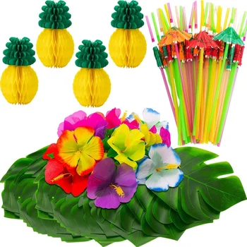 

102 Pieces Hawaiian Tropical Jungle Party Decoration Set Including Tropical Palm Simulation Leaves Silk Hibiscus Flowers Tissue
