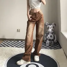 Marron Vintage Baggy Jeans Femmes 90s Streetwear Large Poches Cargo Pantalon Droit Taille Basse Pantalon Jean 2021 Grande Taille XXL 