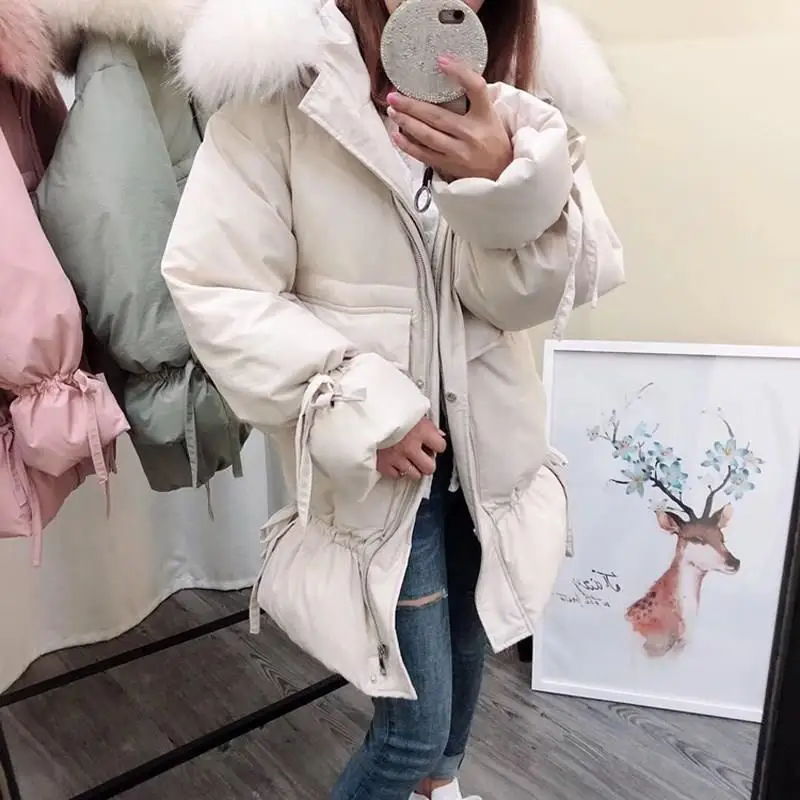 Women Winter White Duck Down Warm Jackets Real Fox Fur Collar Hooded Coats Sweet Flare Sleeve Thickening Parkas