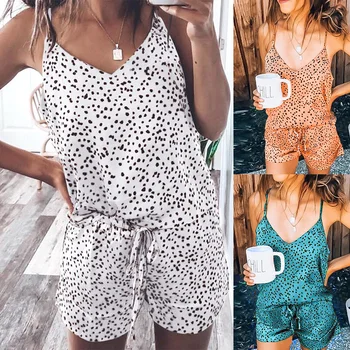 

Leopard Print Women Pajama Set Suits Polka Dot Sleepwear Homewear Spaghetti Strap Ladies Sleepwear Sets Lounge Pyjama D30