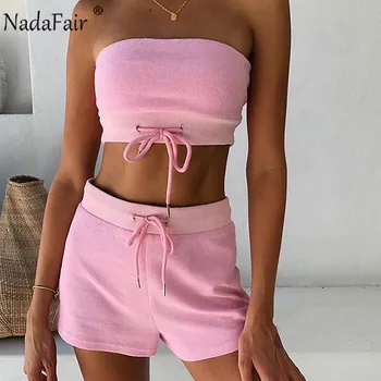 

Nadafair Biker Shorts Sets Sexy Off Shoulder Crop Tops Outfits For Women Two Piece Sets 2020 Summer Solid Tracksuit Women Set
