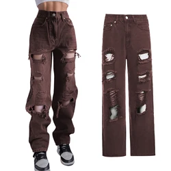 Calças jeans rasgadas casuais femininas adultos cintura alta cor sólida denim com bolsos