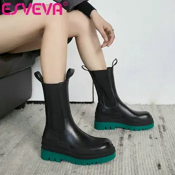 

ESVEVA 2021 Round Toe PU Leather Classic Fashion Square Med Heel Mid Calf Boots Black Platform Women Boots Zipper Big Size 34-39