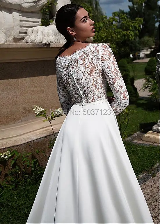 Vestido De Noiva атласное свадебное платье трапециевидной формы с v-образным вырезом и длинными рукавами Кружева Аппликации с открытой спиной на молнии свадебное платье со шлейфом
