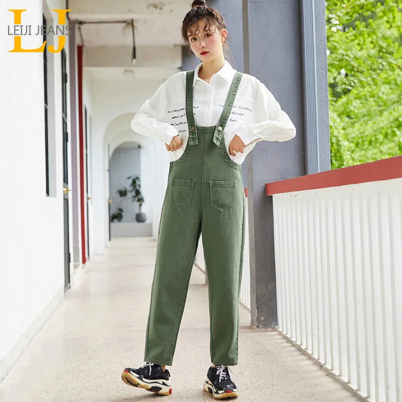 Женские молодежные джинсы на лямках LEIJIJEANS свободные армейской зеленой расцветки