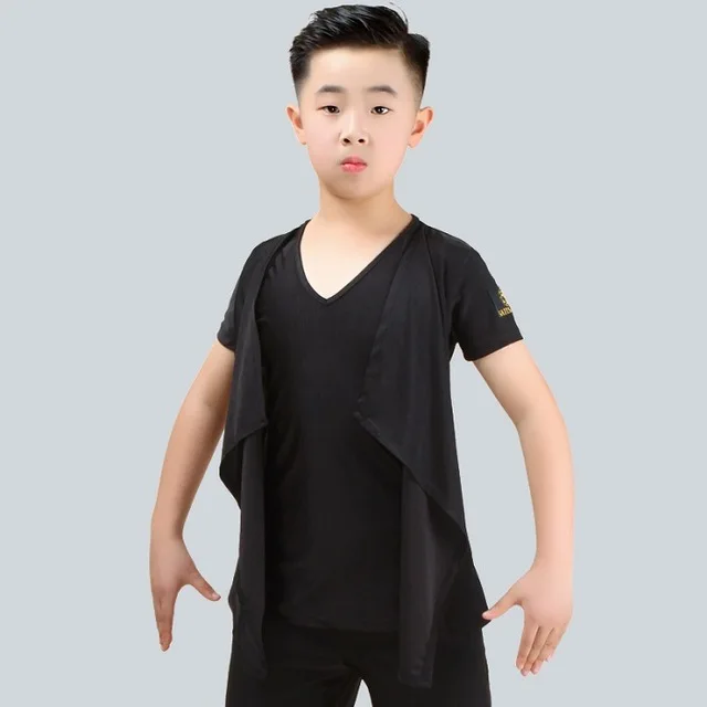 Black Short sleeve Топ для латинских танцев; Детские рубашки с короткими рукавами для мальчиков; рубашки для латинских танцев; Одежда для танцев сальсы, танго, ча-ча - Цвет: Black Short sleeve