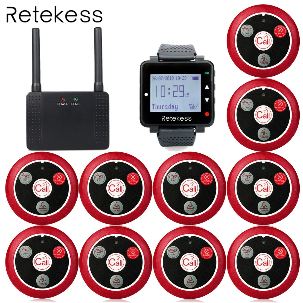 

Wireless Calling System T128 Watch Receiver + 10 pcs T117 Call button + Wireless Repeater Restaurant Pager Customer service