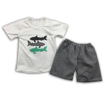 

shark white shirt top matching grey boy short clothing sets