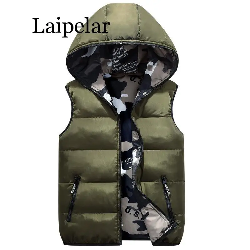 Laipelar, женские жилеты размера плюс, с капюшоном, две стороны, камуфляж, теплый жилет, зимняя Черная куртка, верхняя одежда, пальто без рукавов - Цвет: Army Green