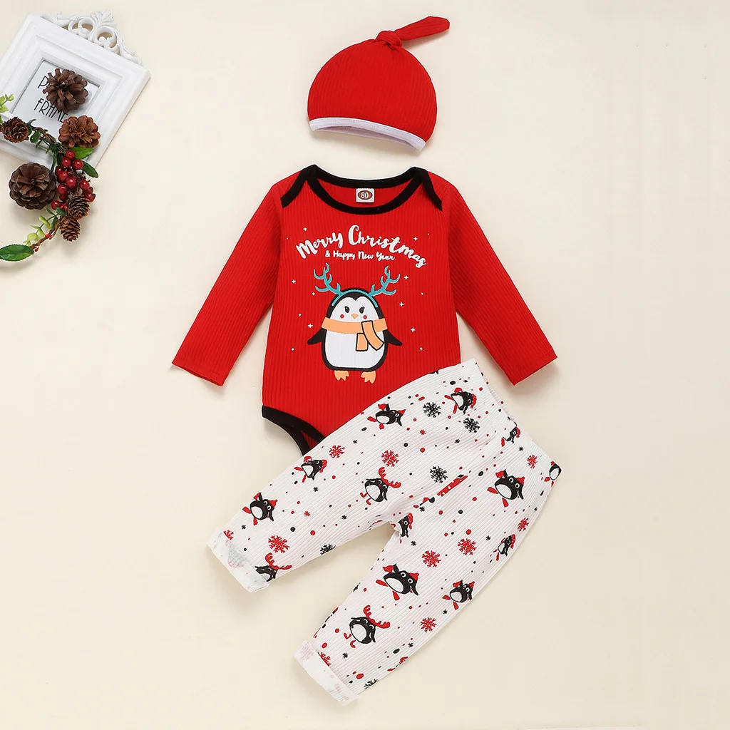 ARLONEET/Рождественский комплект из 3 предметов для маленьких девочек и мальчиков, новогодний комбинезон «Снеговик»+ штаны с оленями+ шапка, рождественские наряды, костюм Санты, CO08 - Цвет: RD
