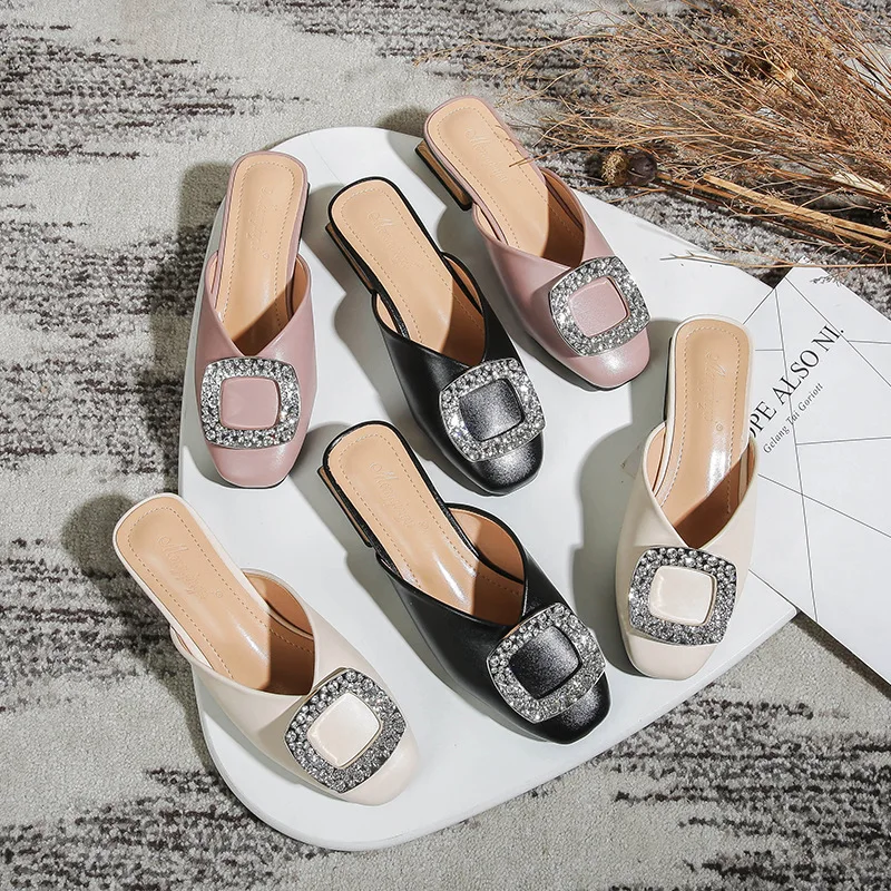

Closed Toe Mules Women Genuine Leather Low Heels Slippers Crystal Metal Buckle Slip on Slides Shallow Loafers Big Size Shoes