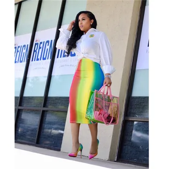 

Focal20 Streetwear Hit Color Rainbow Print Women Skirt Pencil Bodycon Female Skirt Bottom High Waist Summer Lady Skirts Bottoms
