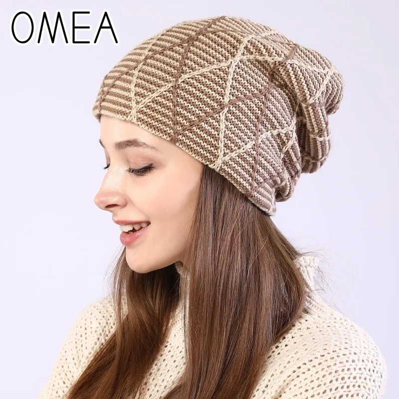 OMEA Diamond Plaid Knitted Beanie Hat for Women Beanies for Ladies Winter Skullies Hat Adjustable Pullover Plus Velvet Beanies