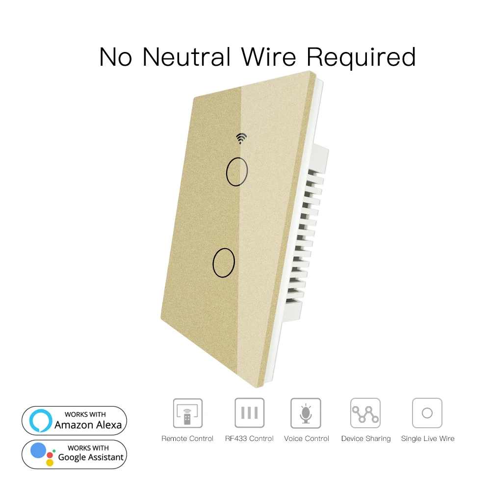 2 Gang Gold RF433 WiFi умный настенный сенсорный выключатель без нейтрального провода, нужен умный Однопроводной настенный переключатель, работающий с Alexa Google Home 170-250 В - Цвет: 2 Gang Gold