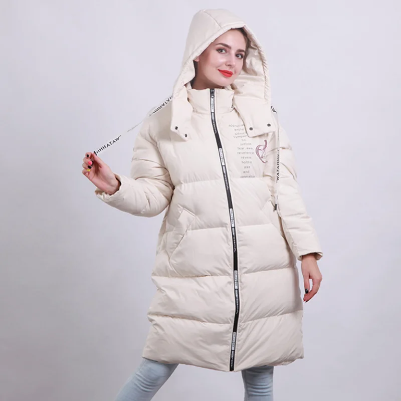 women newest long hooded duck down coats female fashion over knee Korean style warm slim casual clothes popular winter jackets