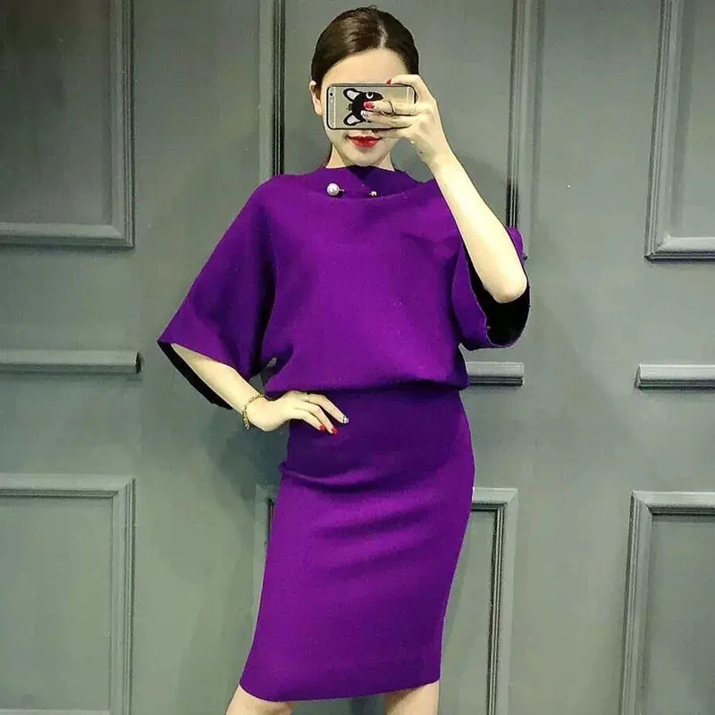 Autumn 2 Piece Outfits for Women Knitted Suit Top+skirt Set Purple Female Knitwear Bodycon Skirt Suits Two Piece Sets - Цвет: Purple