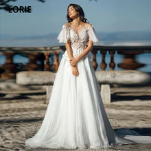

LORIE Chiffon Wedding Dresses Lace Appliqued Cap Sleeve Beach Bridal Gowns illusion Boho Princess Wedding Party Gown Plus Size