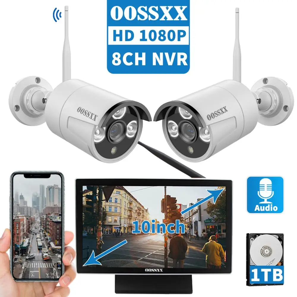 OOSSXX 8CH 1080P Wireless NVR Kit 10' Monitor CCTV 2pcs Audio Indoor Outdoor IP Camera Video Surveillance System | Безопасность и