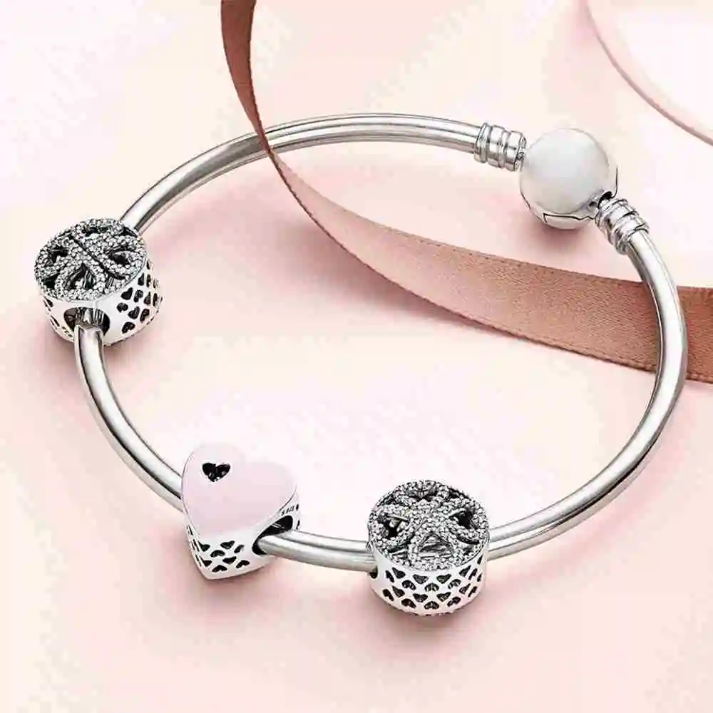 

100% 925 Sterling Silver SWEET LOVE HEART CHARM Petals of Love Four-leaf Clover Beaded Bracelet Bangle Gift Set